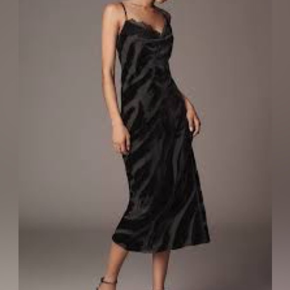 Anthropologie Velvet Burnout Cowl-Neck Lace Trim Midi Slip Dress Medium - Picture 9 of 13